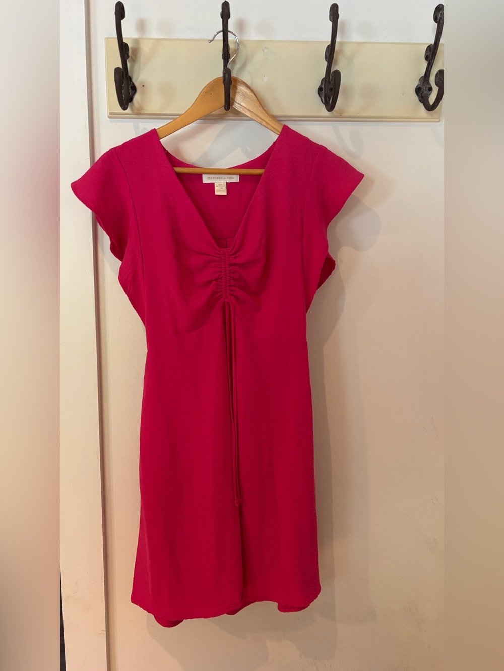 Hot Pink Ruched V-Neck Cap Sleeve Dress
